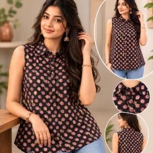 women's black floral sleeveless shirt top