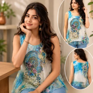 women's blue abstract floral sleeveless tunic top