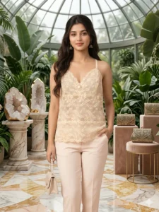 women's elegant beige lace camisole co ord set