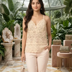 women's elegant beige lace camisole co ord set