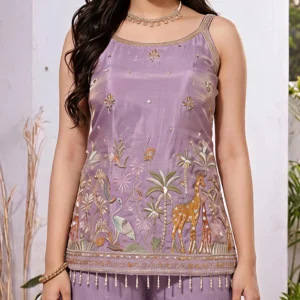 lavender embroidered kurta palazzo set with dupatta
