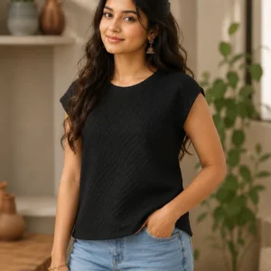 classic black textured cap sleeve top
