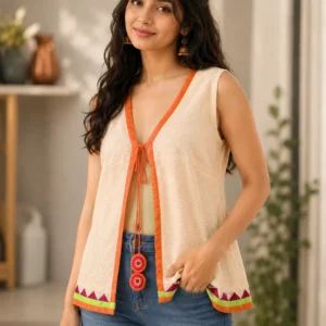 ivory ethnic tie front sleeveless top